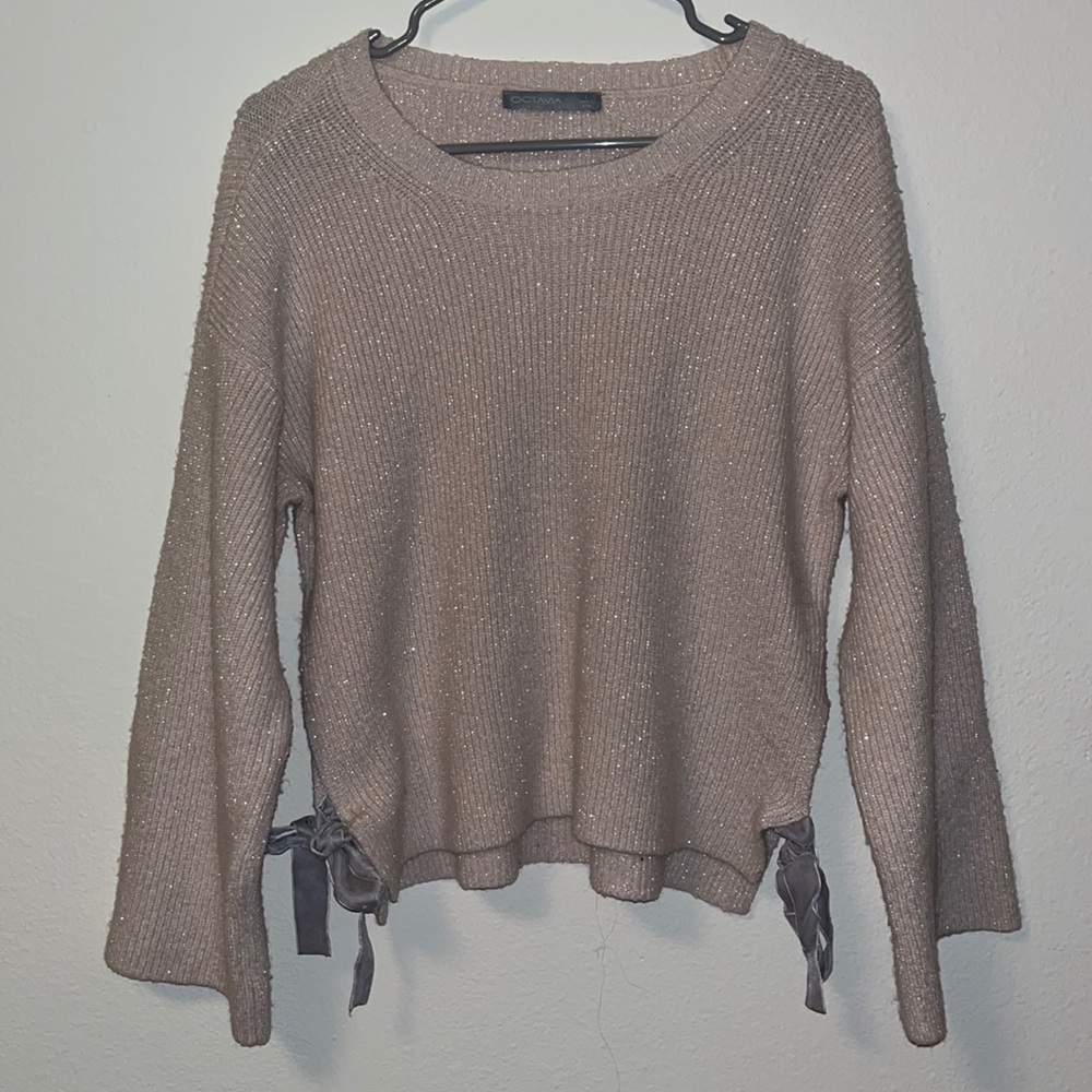 Octavia Blush Pink Double Bow Sparkly Tie Detail Sweater, Size Large Women's